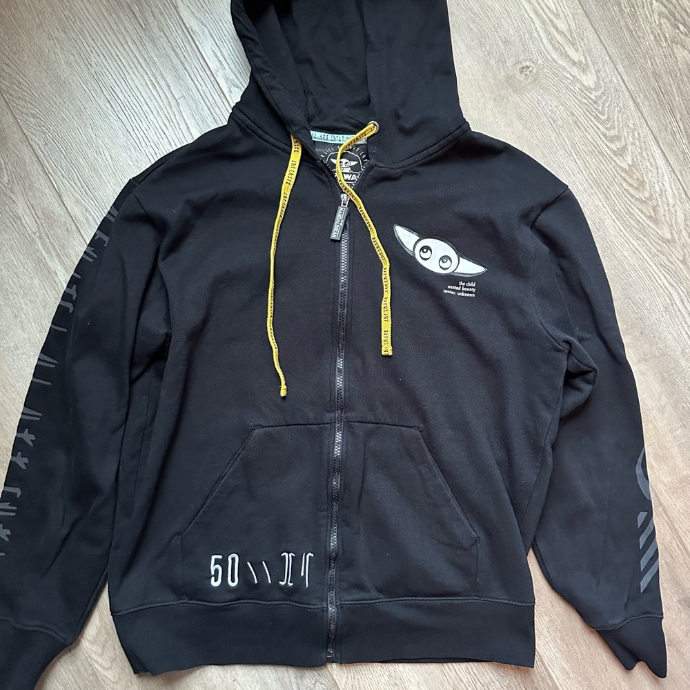 Mandalorian Black Zip-Up Hoodie with Yellow Drawstrings